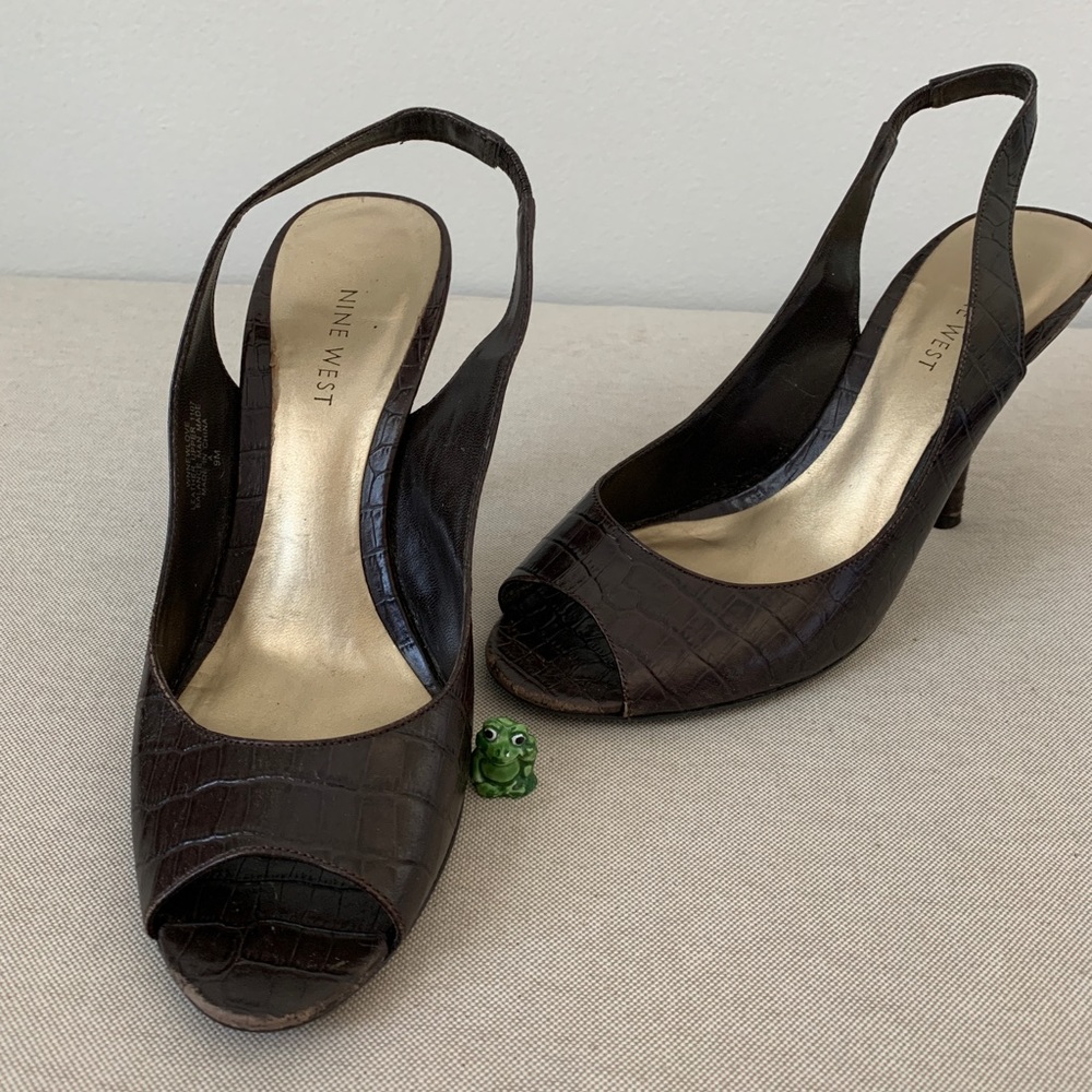 Nine West Brown Peep Toe Ankle Strap Heels 3”